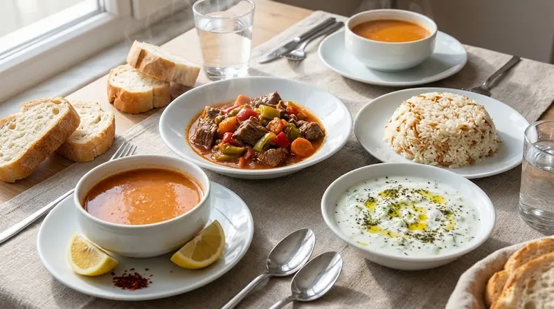Günün 4 Kap Sıcak Menüsü: Süzme mercimek çorbası, sebzeli dana tas kebabı, şehriyeli pirinç pilavı, taze cacık ve somun ekmek