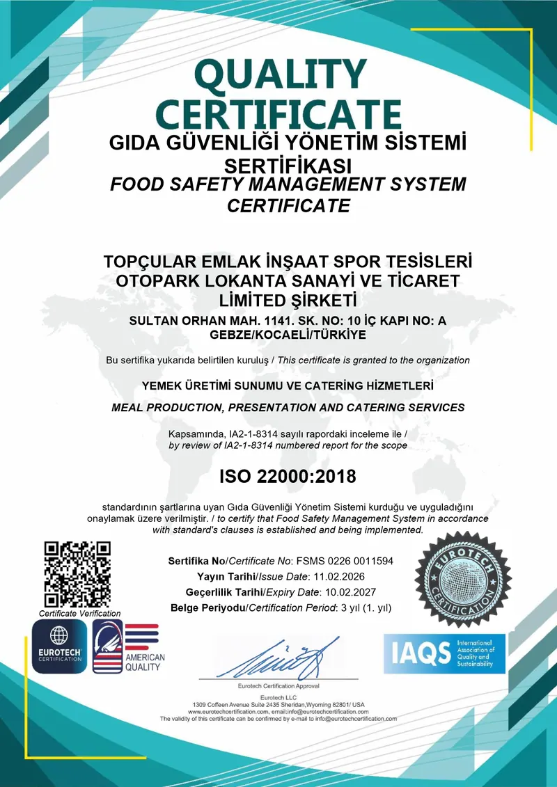 Topçular Yemek ISO 22000:2018 Gıda Güvenliği Yönetim Sistemi Resmi Sertifikası