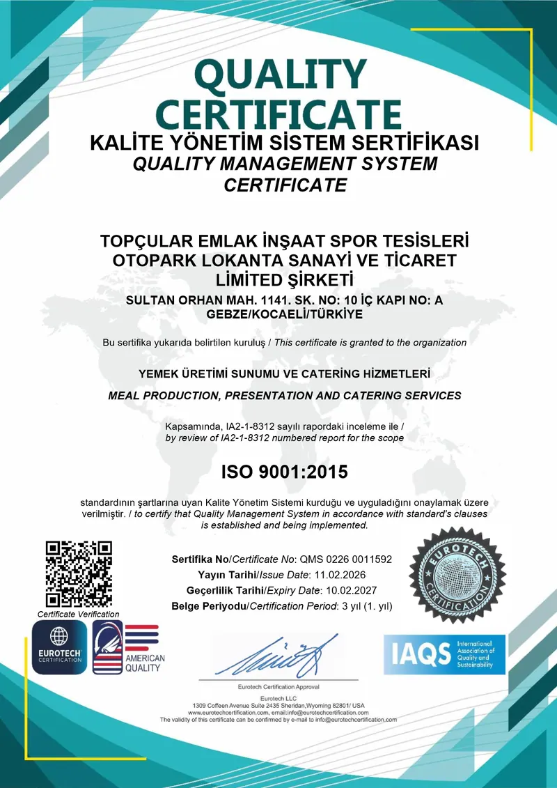 Topçular Yemek ISO 9001:2015 Kalite Yönetim Sistemi Resmi Sertifikası
